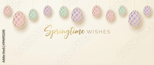 Decorative Easter eggs hanging with pastel colors and intricate patterns, wishing springtime joy and celebration Elegant, festive, and lighthearted holiday concept