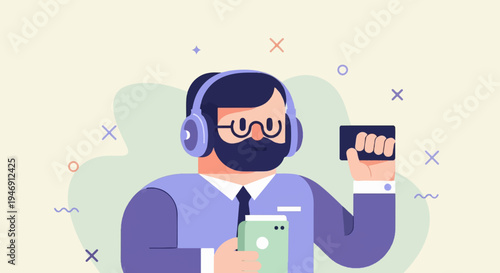 Bearded man in headphones, holding a phone and card