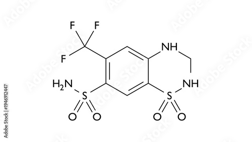 hydroflumethiazide molecule, structural chemical formula, ball-and-stick model, isolated image thiazide diuretic