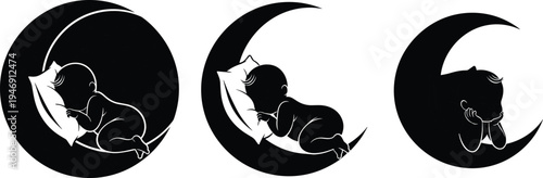 Sleeping baby on crescent moon silhouette set, cute infant dreaming on moon with stars, nursery wall art vector, nighttime lullaby.