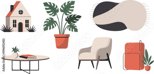 Cozy home elements with plants and furniture arranged in a modern minimalist style