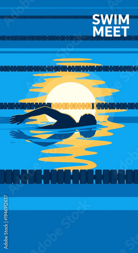 Dynamic Swim Meet Illustration Featuring Swimmer Silhouette Against a Sunset Backdrop