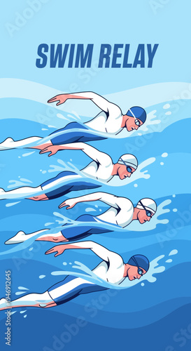 Dynamic Swim Relay: Illustrative Depiction of Competitive Aquatic Sport and Teamwork