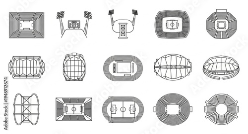 Abstract Black and White Designs of Sports Arenas and Stadiums.