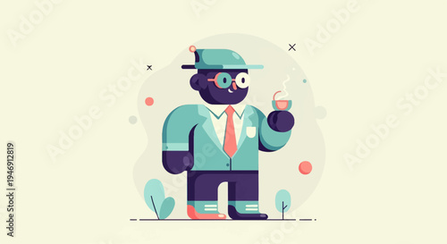 Cartoon character in hat and suit holding a cup with steam