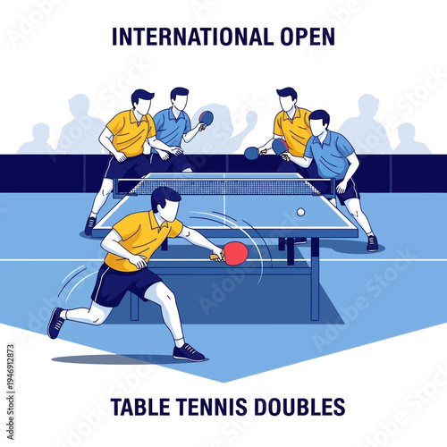 Dynamic Table Tennis Doubles Tournament Depiction Showcasing Athletic Prowess and Sporting