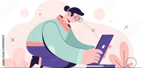 Person in casual attire focused on a laptop, surrounded by abstract shapes and plant motifs