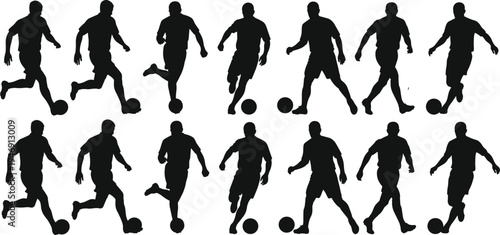 Soccer player silhouette set featuring athletes running, dribbling football, kicking ball, sports action poses, professional football players isolated
