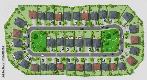 Aerial View of a Suburban Neighborhood with Green Spaces.