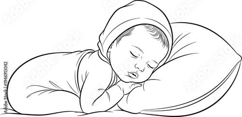 Sleeping newborn baby line art, cute infant dreaming on pillow silhouette, childhood sleep routine and nursery care vector illustration set,