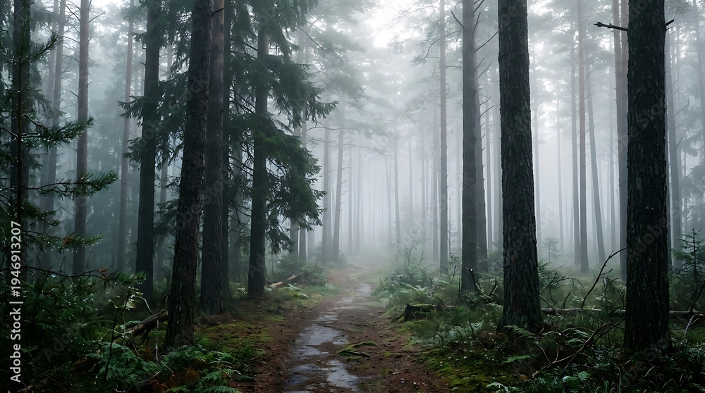 Fototapeta premium Misty forest path with tall trees and greenery