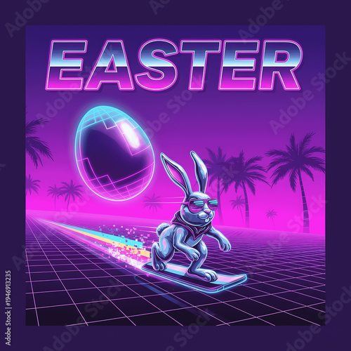 futuristic easter bunny on skateboard, neon landscape with palm trees and glowing egg at sunset with pink and blue hues