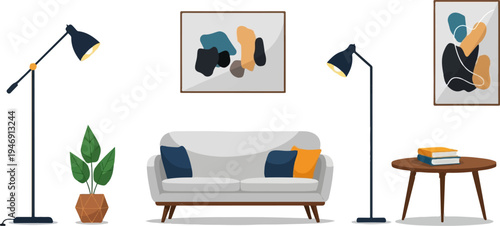 Modern living room with sofa, floor lamps, plant, and abstract art