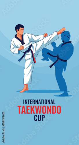 Dynamic Taekwondo Action: Illustrated Martial Arts Competitors in Focused Competition for Victory
