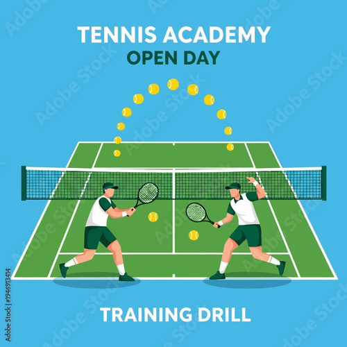 Dynamic Tennis Academy Open Day Illustrative Design Showcasing Athlete Training and Game Dynamics
