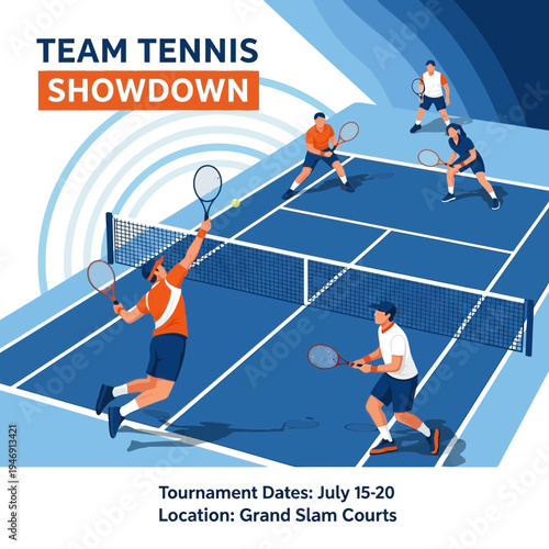 Dynamic Team Tennis Match Depicted On Court, Action Illustration, Tournament Announcement