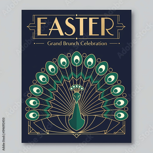 vibrant easter peacock, celebration poster with gold accents on dark blue background and intricate feather details