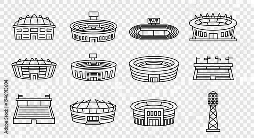 Collection of Stadium Illustrations in Black and White Outline.