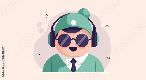 Character wearing headphones and sunglasses, styled in green