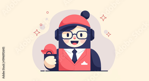 Cheerful cartoon character wearing a hat, glasses, and vest