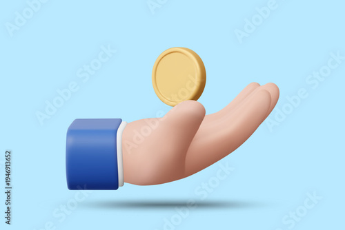 3D vector illustration of isolated hand holding gold coin on blue background. Concept for successful finance investment business money savings wealth banking economy growth banner template.
