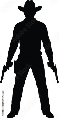 Western cowboy gunslinger silhouette holding revolvers isolated on white background, outlaw sheriff wild west duelist stance vintage frontier concept figure