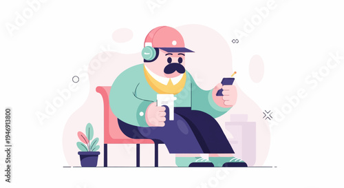 Man with headphones and mustache, holding a phone and cup on a chair