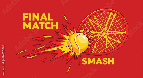 Dynamic Tennis Final Match Concept with Energetic Smash and Vivid Red Background Illustration
