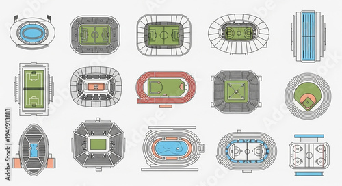 Collection of Stadium Top-Down Views - Sports Venues and Arena Designs.