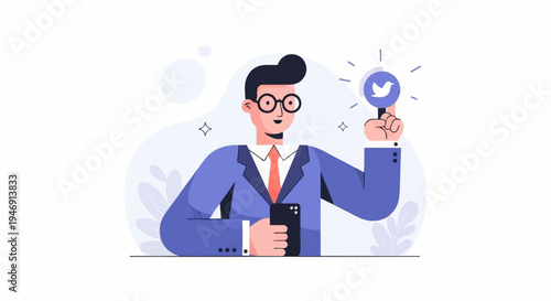 Man in suit holding phone, pointing at social media icon