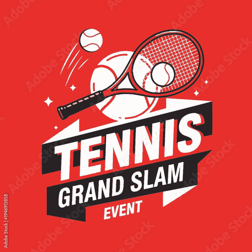 Dynamic Tennis Grand Slam Event Emblem Featuring Racket, Balls, And Energetic Graphic Design