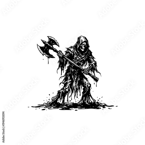 A detailed black and white illustration of a knight in armor holding a sword and shield