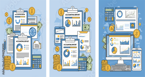 Financial Accounting Report Illustration Set with Charts, Documents, Calculator, Computer Dashboard and Dollar Coins for Business Analysis, Finance Management and Data Reporting