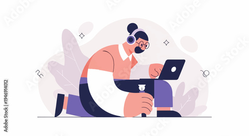 Person with headphones and glasses using a laptop, seated in a stylized natural setting