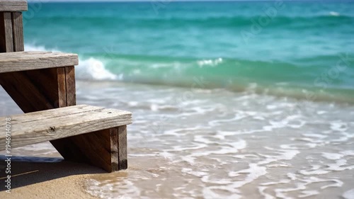 Wooden stairs on a sandy beach leading towards the clear blue ocean with gentle waves washing ashore