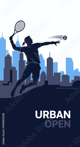 Dynamic Tennis Player Serves Ball Against Cityscape Silhouette Representing Urban Open Tournament
