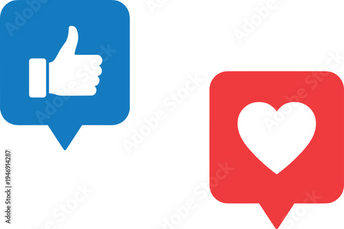 Social Media Notification Icon Set Featuring Blue Thumbs Up Like and Red Heart Love Symbols in Speech Bubble Vector Illustration