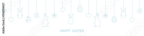 Happy Easter banner with hanging blue baubles. Holiday background with bunny, eggs, flowers, hearts line art icons. Happy spring pattern. Festive cartoon border. Greeting frame. Vector illustration