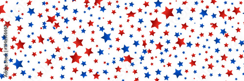 Stars red and blue confetti falling on white background. Bright decoration for Birthday party, invitation, card, web. Happy Independence Day border. Usa celebration design. Vector illustration