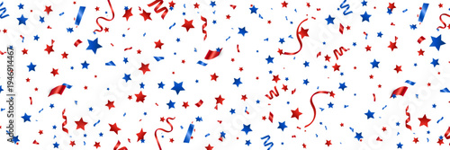 Usa banner. Red and blue celebration confetti and stars falling on white background. Happy Independence Day decoration. Bright design elements for Birthday party, invitation, web. Vector illustration