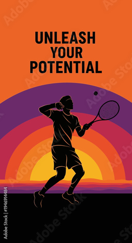 Dynamic Tennis Player Silhouette with Motivational Phrase Against Vibrant Sunset Background