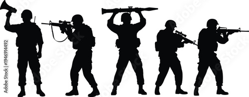 Soldier silhouettes set with weapons, military infantry group in combat poses, army special forces vector, tactical war