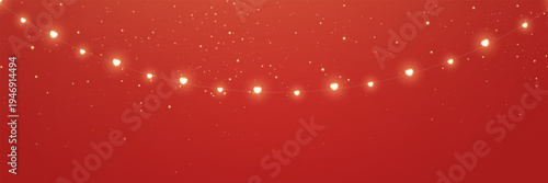 Light heart string red background. Love gold garland. Valentines day banner. Celebration party. Christmas glitter decoration. Golden bulb frame. Neon hanging baubles. Vector illustration