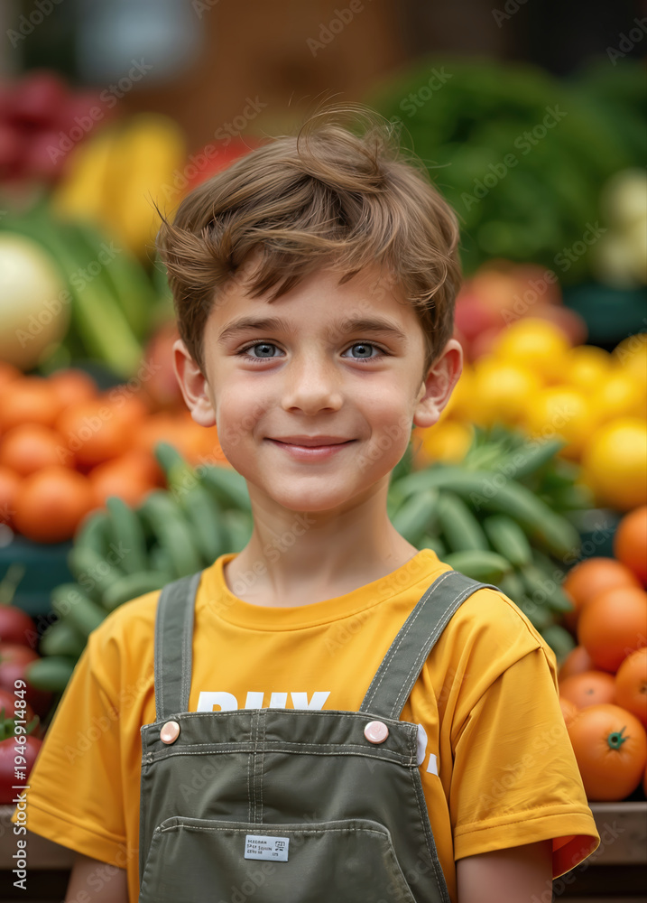 Fototapeta premium Smiling boy in front of a fruit and vegetable stall, expression of innocence, joy, and healthy curiosity