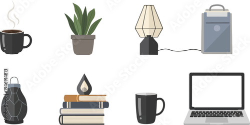 Collection of common household and work items on a white background