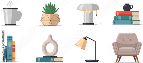 Cozy indoor scene with hot beverage, potted plant, lamps, books, and armchair