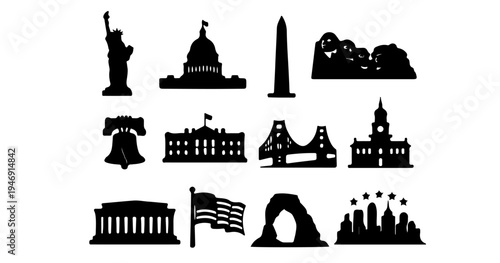 american landmarks patriotic independence day silhouette icon pack
