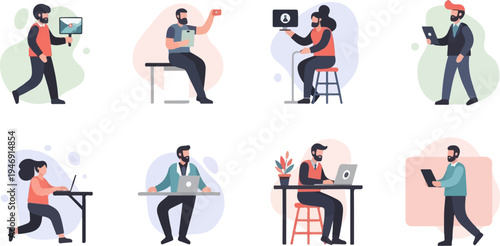 Diverse individuals engaged in various digital tasks at desks and in motion