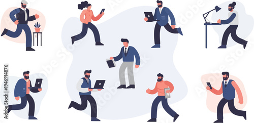 Diverse professionals interacting with technology in a modern office environment