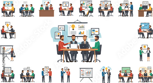 Business Meeting and Teamwork Illustration Set with Office Discussion, Presentation, Strategy Planning and Corporate Collaboration Scenes for Management and Consulting Concepts